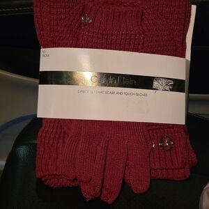 Calvin Klein Red Women's Gloves, Hat, and Scarf Set